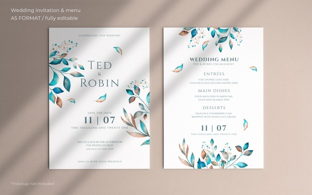 Floral wedding invitation and menu template Free Psd