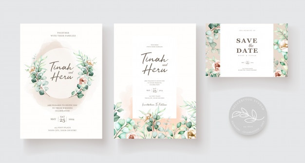Wedding invitation template with eucalyptus leaves set Free Vector
