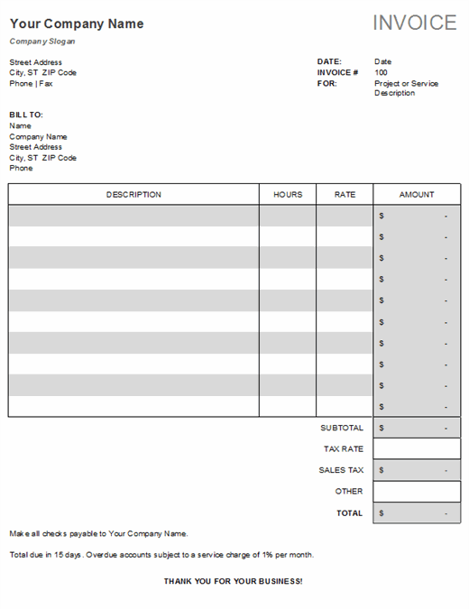 Service invoice with tax calculations